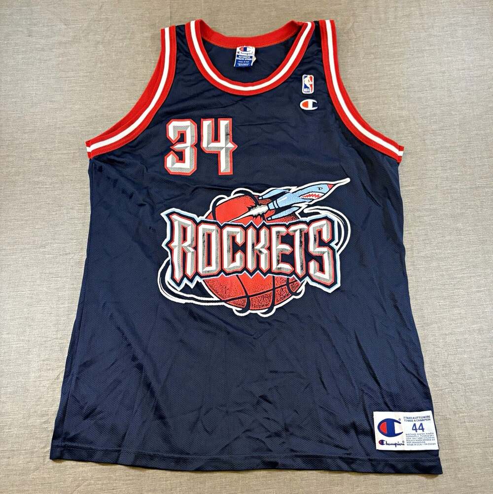 Vintage Champion Houston Rockets Hakeem Olajuwon #34 NBA Jersey Sz 44 Blue